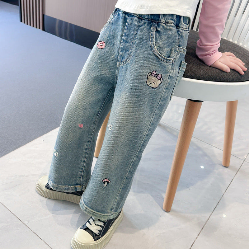 Girls Embroidered Straight Leg Denim Jeans Casual Pants