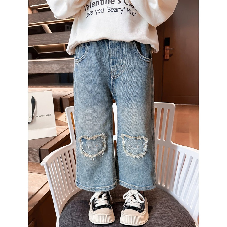 Girls Cat Embroidered Denim Jeans Casual Straight Pants