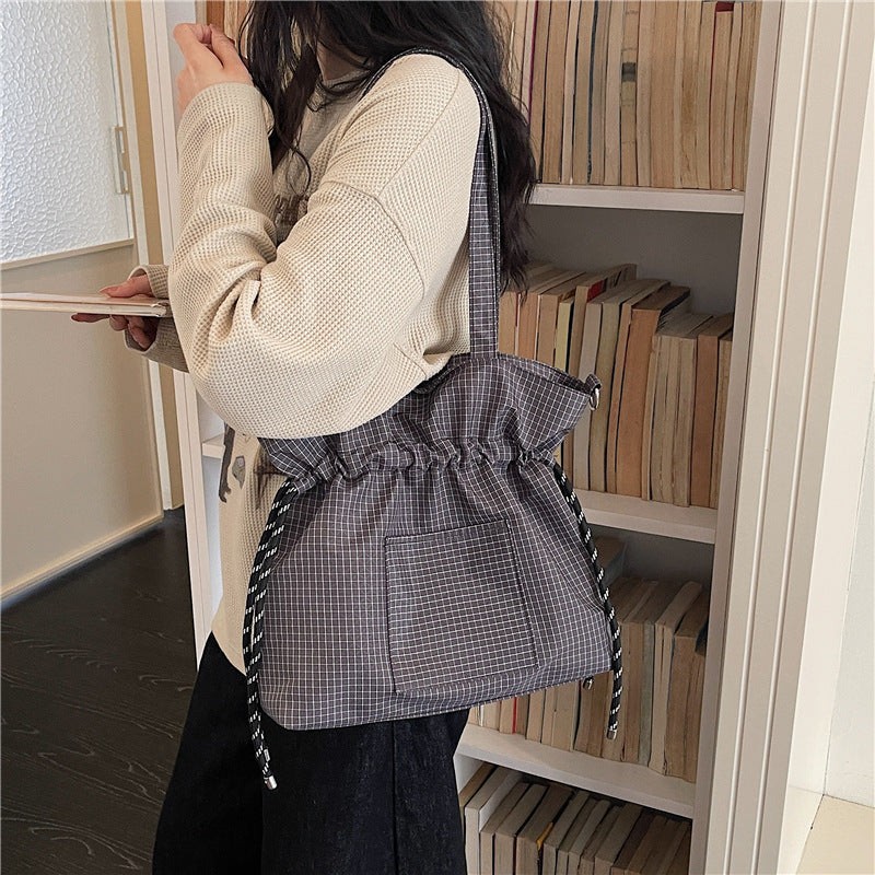 Women's Large Capacity Plaid Drawstring Bucket Bag