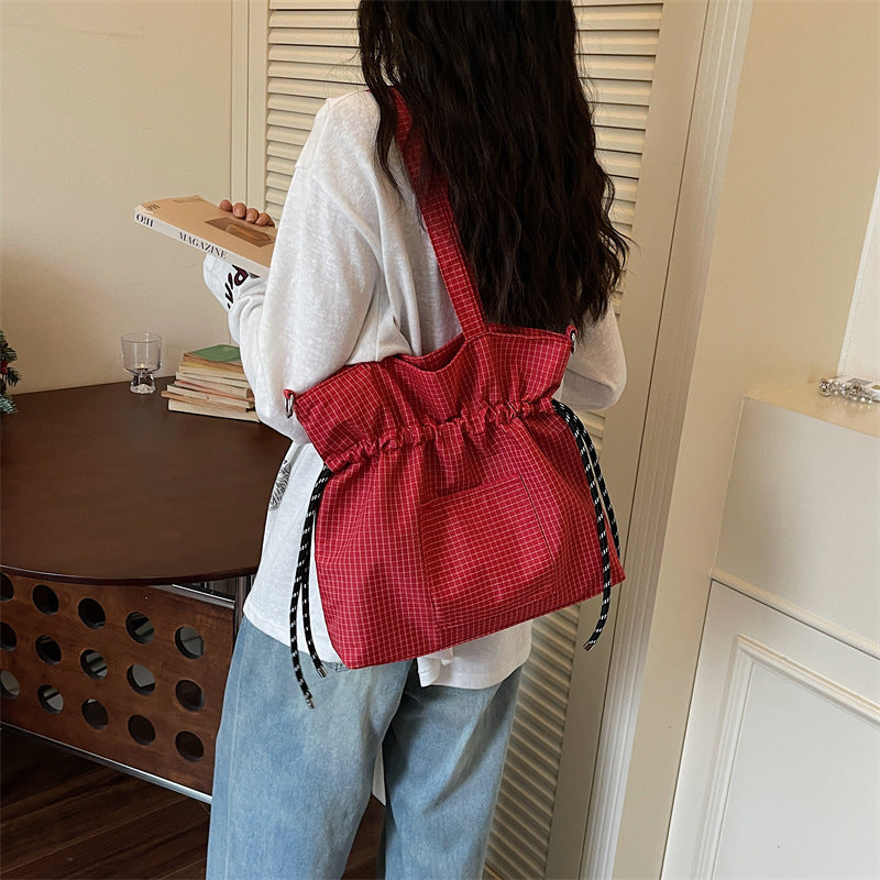 Women's Large Capacity Plaid Drawstring Bucket Bag