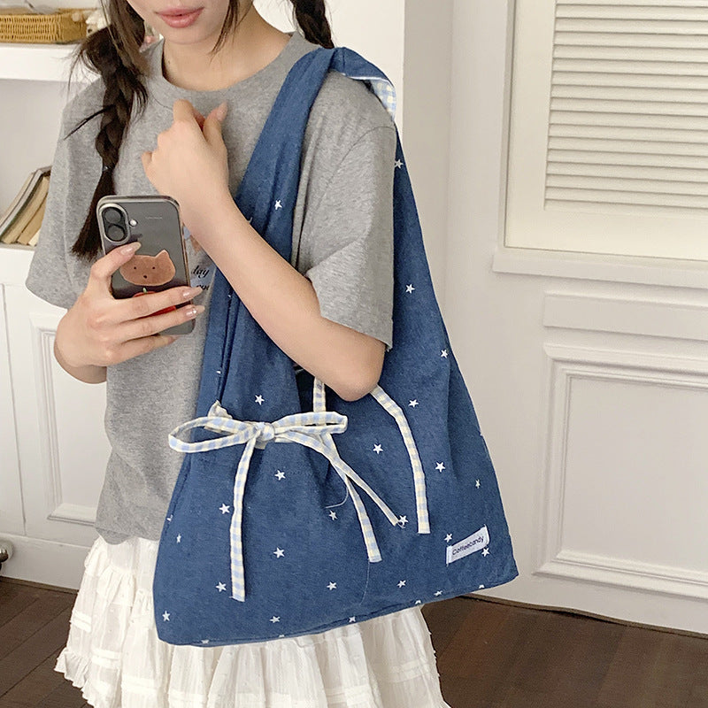 Women's Ins Korean Style Double-Sided Denim Polka Dot Tote Bag
