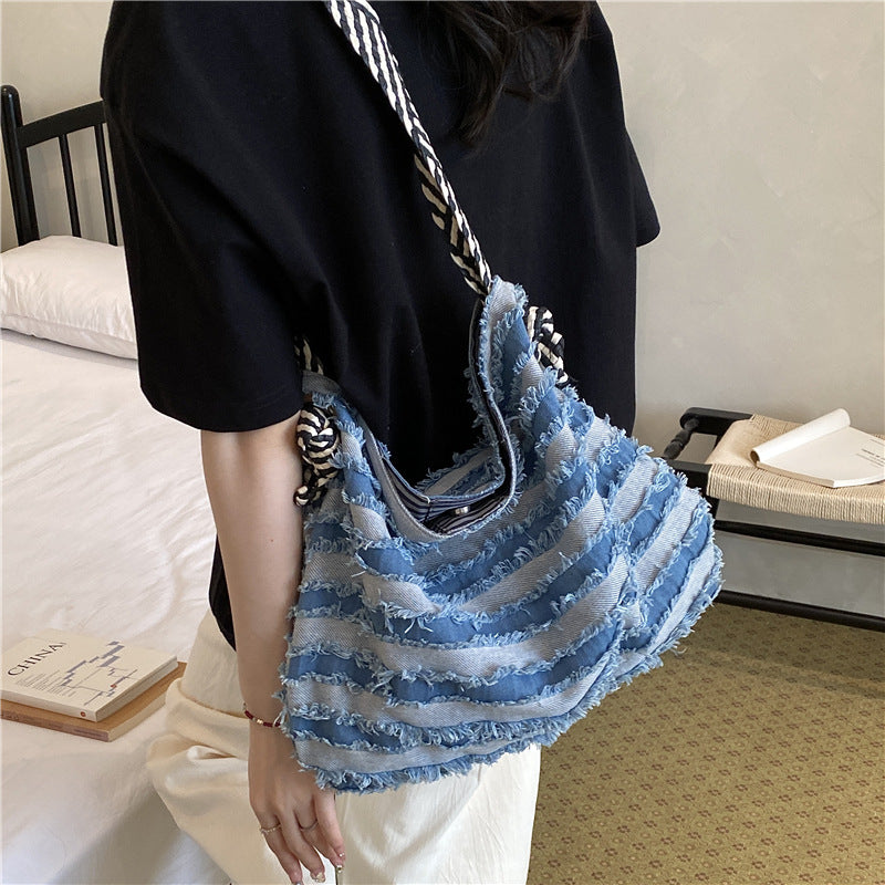 Women's Casual Striped Denim Large-Capacity Tote Bag