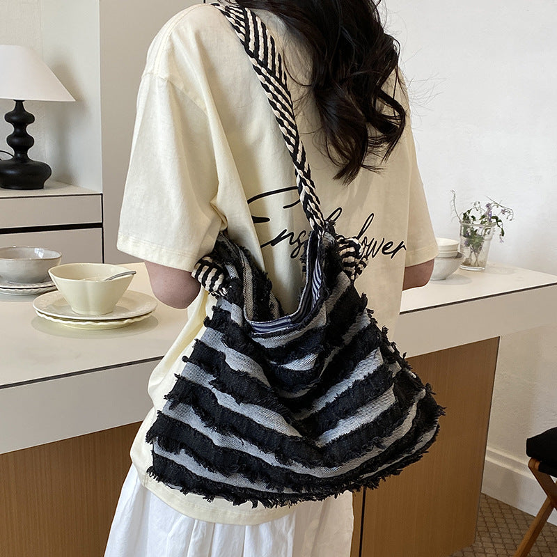 Women's Casual Striped Denim Large-Capacity Tote Bag