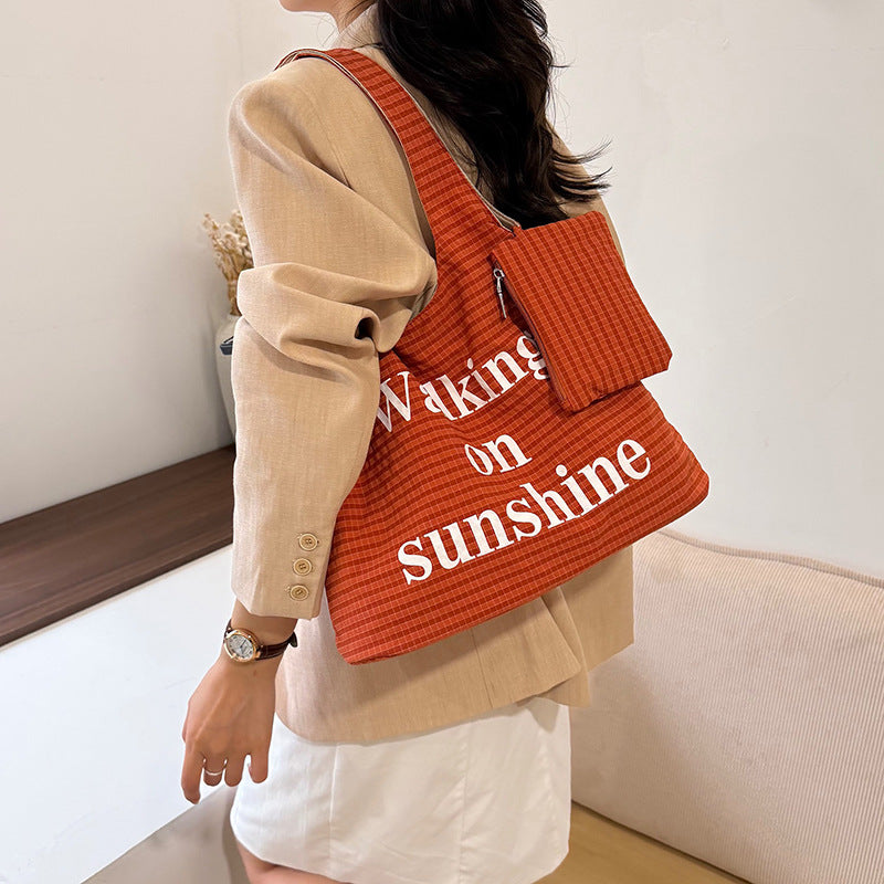 Women's Korean Style Plaid Letter Print Large-Capacity Tote Bag