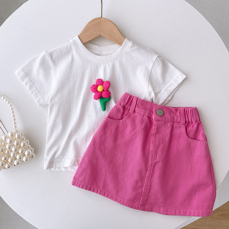 Kids Summer T-Shirt and Skirt Set Casual Two-Piece Outfi