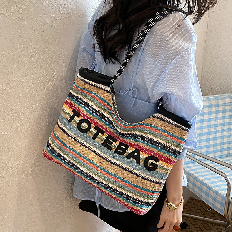 Women's Rainbow Striped High-Value Large-Capacity Woven Tote