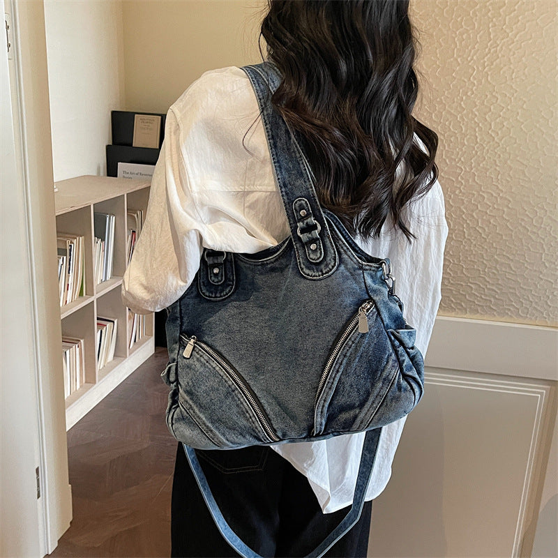 Women's Retro Denim Large-Capacity Shoulder Crossbody Tote Bag