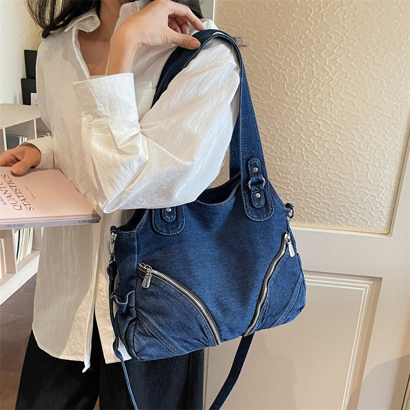 Women's Retro Denim Large-Capacity Shoulder Crossbody Tote Bag