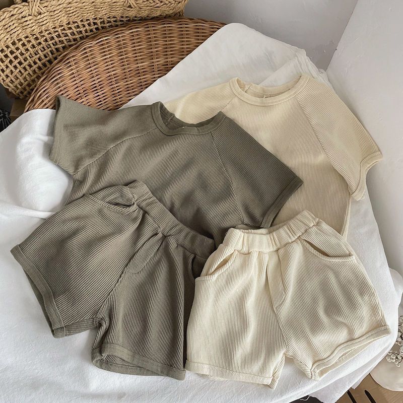 Kids Waffle Knit Summer Set Casual Two-Piece Outfit