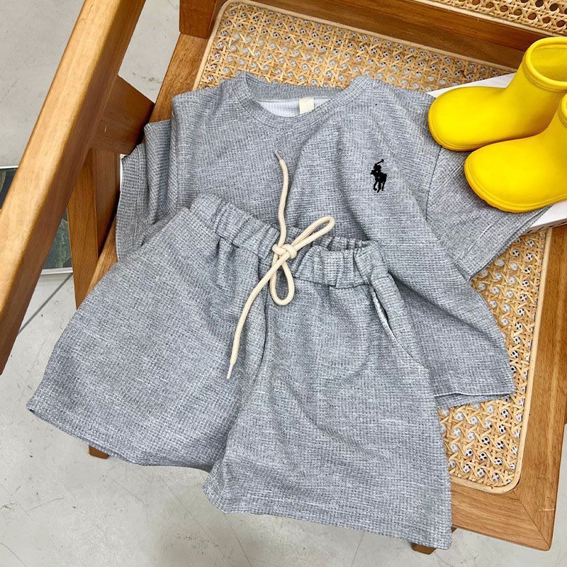 Korean Waffle Embroidered Kids Summer Two-Piece Set