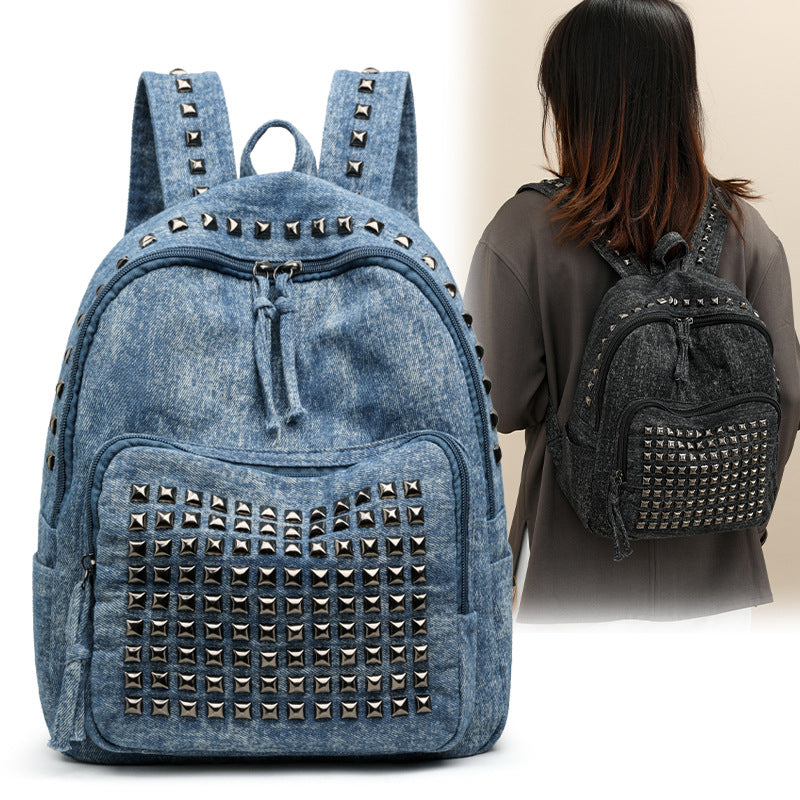 Women's Summer Large-Capacity Rivet Denim Fashion Backpack