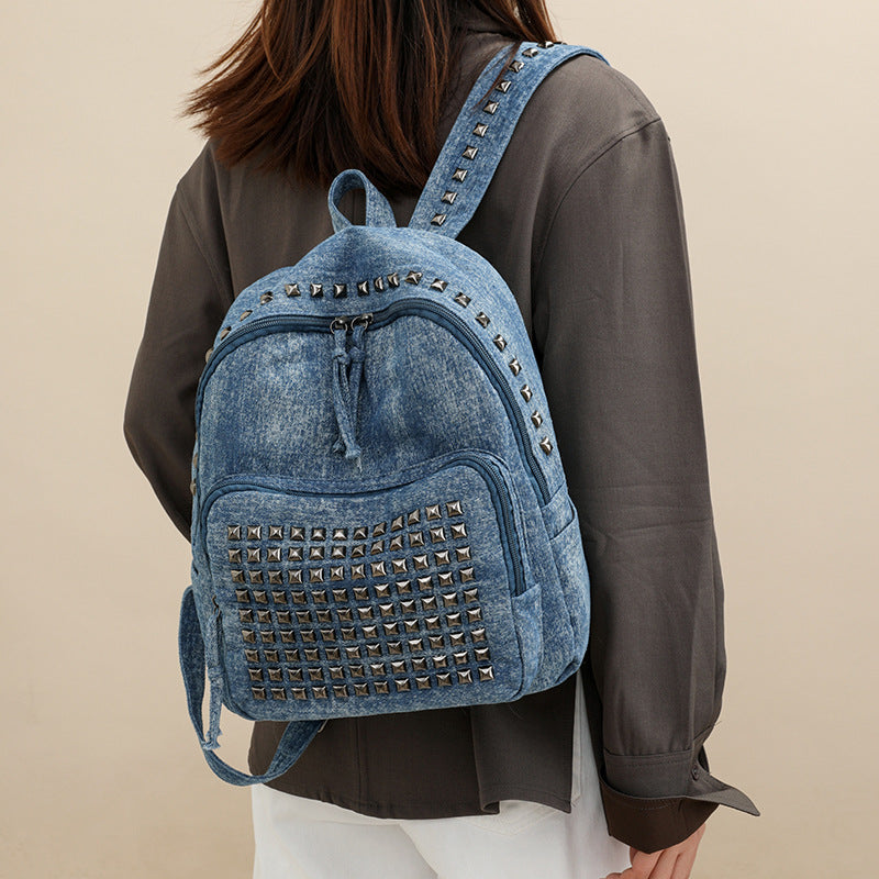 Women's Summer Large-Capacity Rivet Denim Fashion Backpack