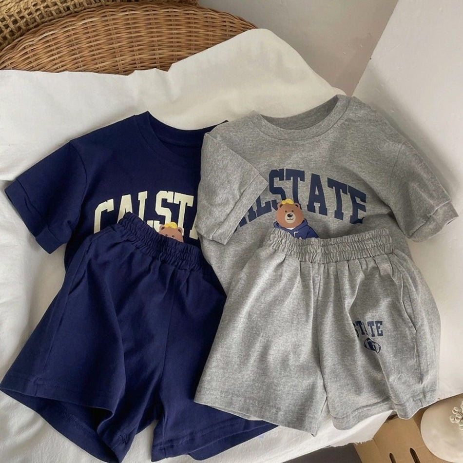 Boys Girls Cotton Bear Cartoon Casual Sports Two-Piece Set