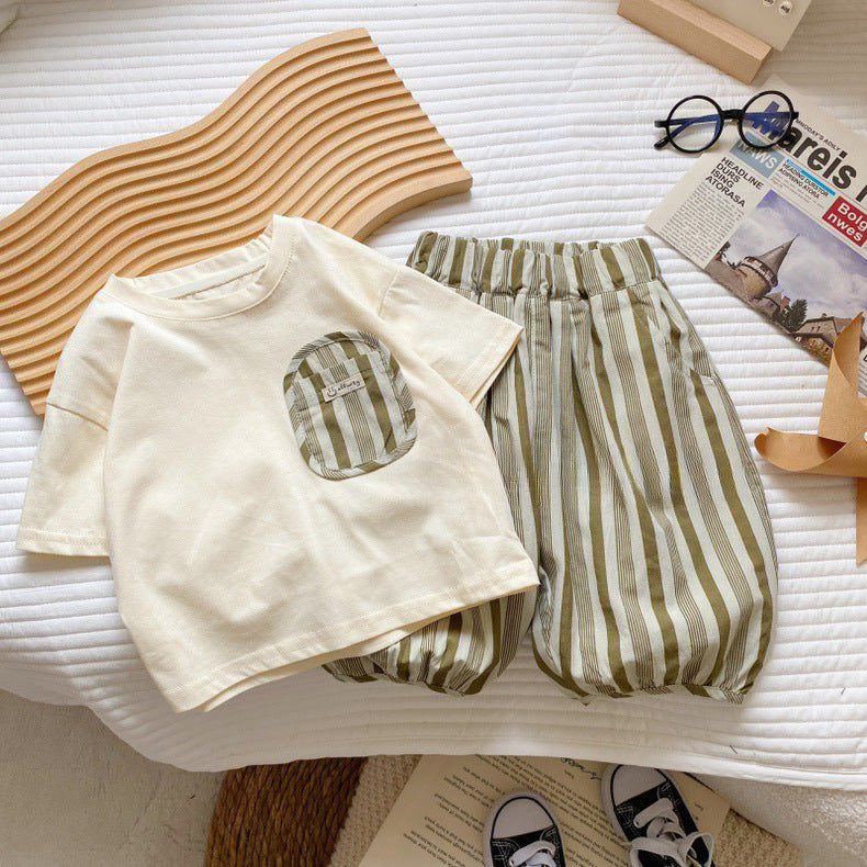 Boys Girls Cotton Pocket Design Summer Two-Piece Set
