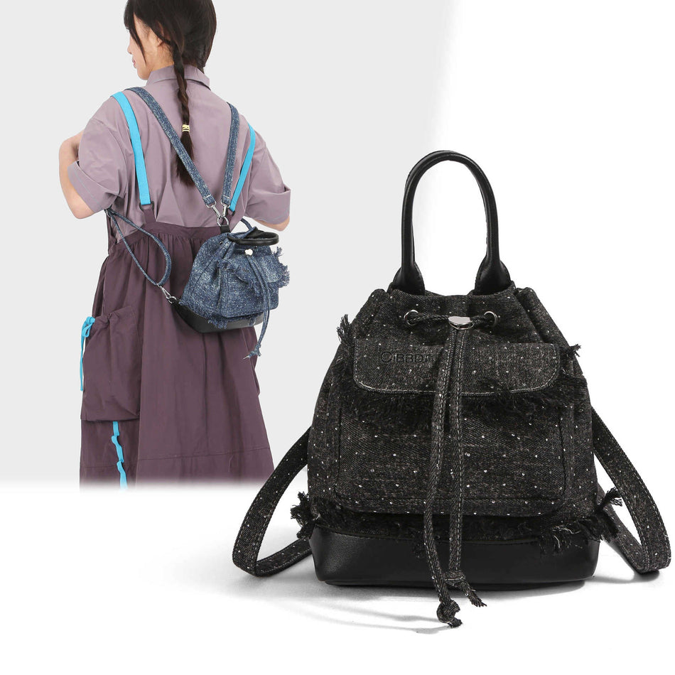 Women's Fashionable Versatile Mini Denim Bucket Backpack