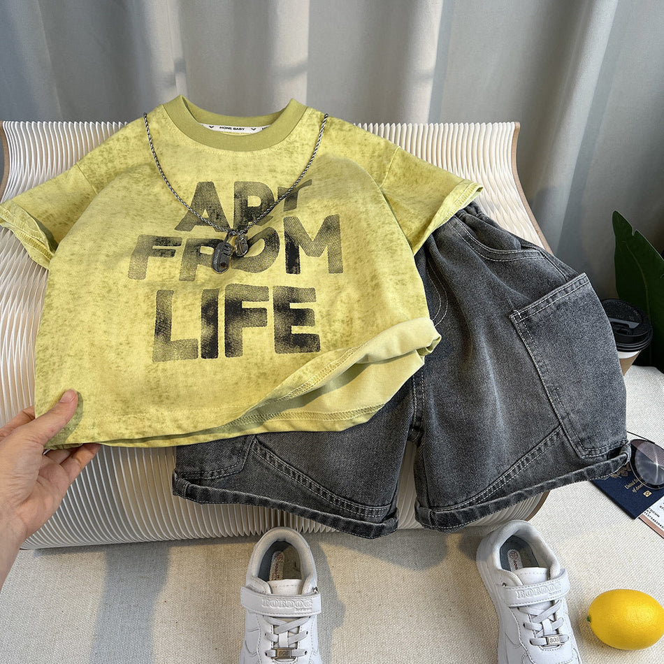 Boys Cotton Summer Two-Piece Set Casual T-Shirt Shorts Outfit