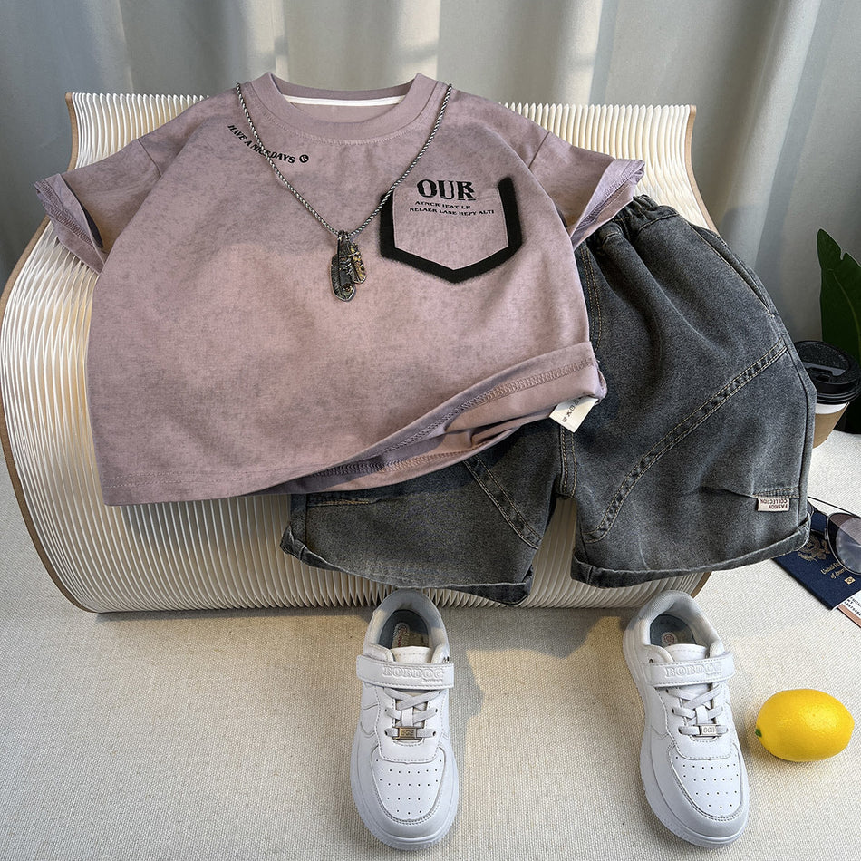 Boys Cotton Summer Two-Piece Outfit Casual Thin Shorts Set