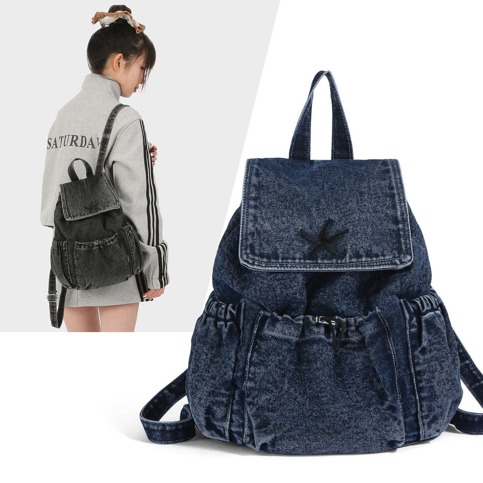 Trendy Washed Denim Japanese-Korean Style Small Backpack