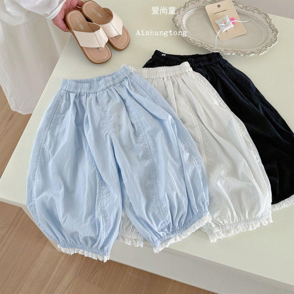 Girls Lace Trim Solid Color Cropped Cotton Pants Summer
