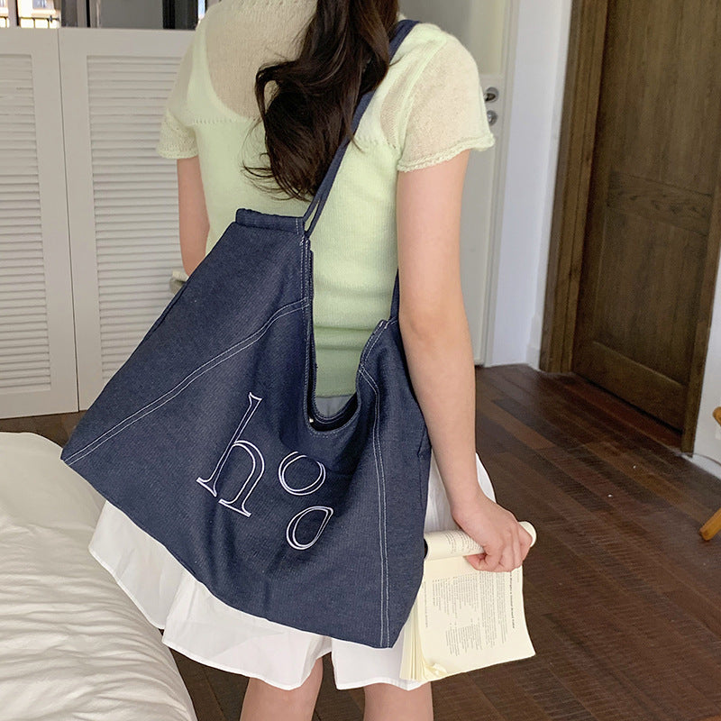 Women's New Relaxed Denim Canvas Large-Capacity Shoulder Tote Bag