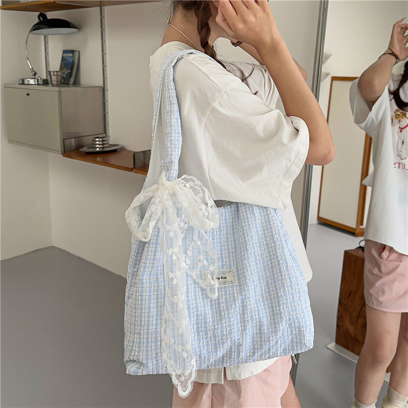 Korean Blue Plaid Canvas Large-Capacity Shoulder Tote Bag