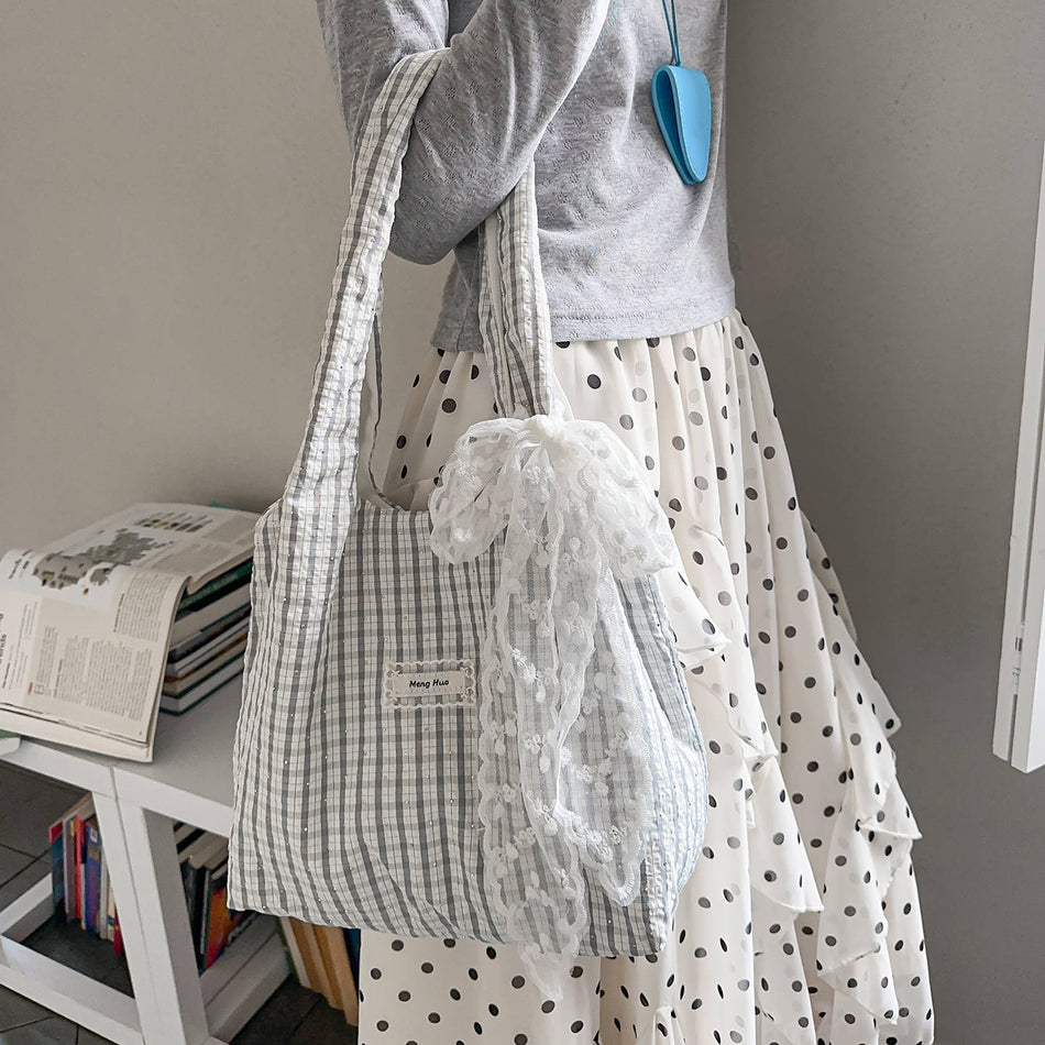 Korean Blue Plaid Canvas Large-Capacity Shoulder Tote Bag