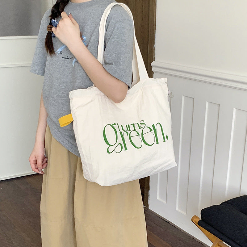 Korean Casual Letter-Print Nylon Large-Capacity Drawstring Tote