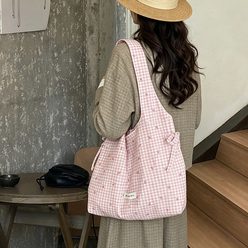 Plaid Polka Dot Nylon Fresh Style Large-Capacity Shoulder Tote
