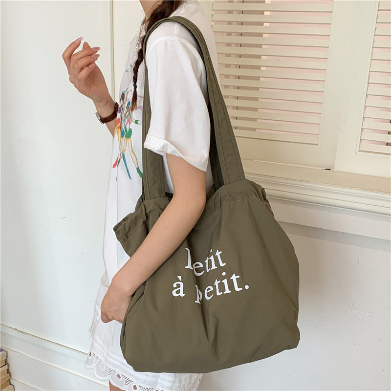 Korean Letter Print Linen Canvas Large-Capacity Drawstring Tote