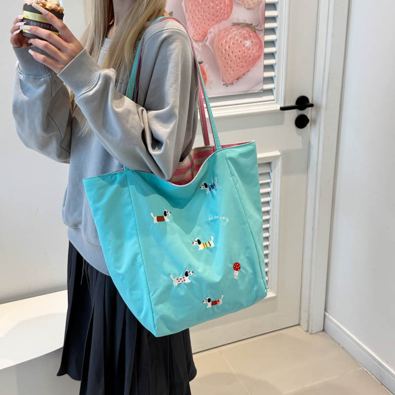 Cute Embroidered Nylon Large-Capacity Double-Sided Shoulder Tote