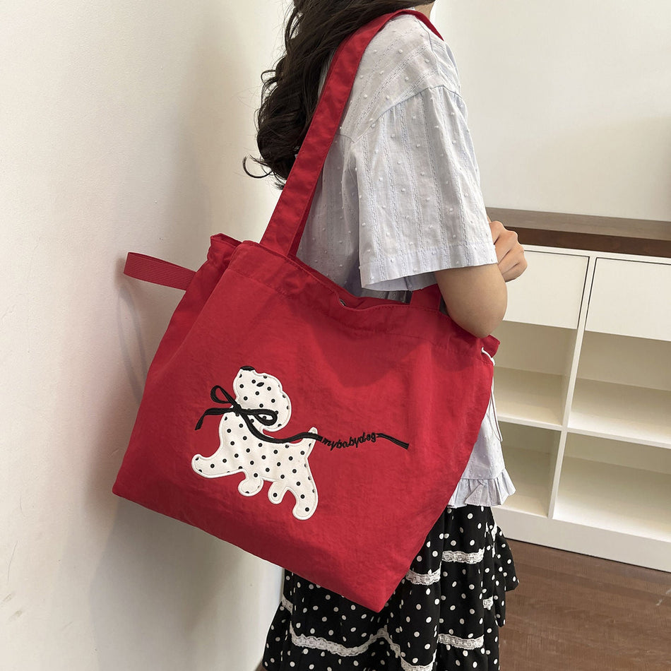 Korean Cartoon Polka Dot Dog Canvas Large-Capacity Shoulder Tote