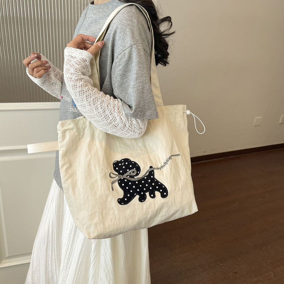 Korean Cartoon Polka Dot Dog Canvas Large-Capacity Shoulder Tote