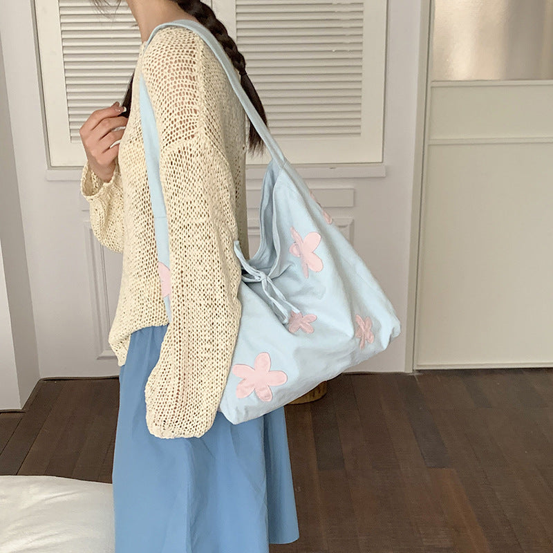 Korean Floral Embroidery Large-Capacity Shoulder Tote Bag