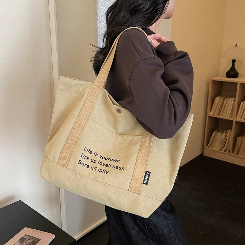 Korean Letter-Print Canvas Large-Capacity Shoulder & Shopping
