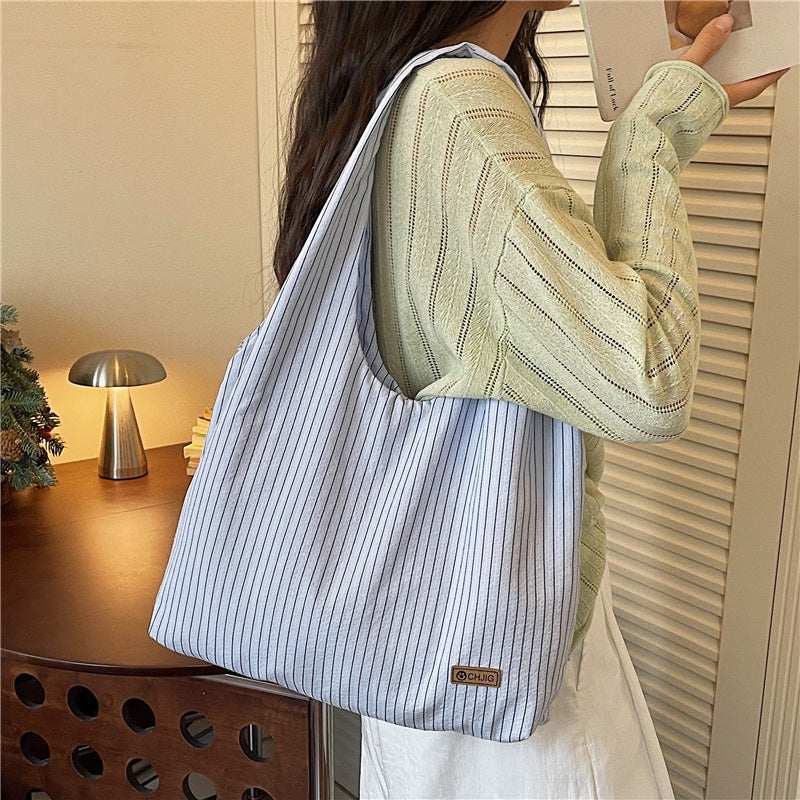 Striped Canvas Large-Capacity Underarm Shoulder Commuter Tote Bag