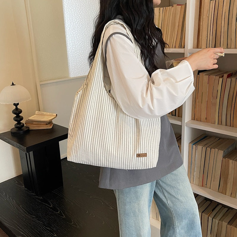 Striped Canvas Large-Capacity Underarm Shoulder Commuter Tote Bag