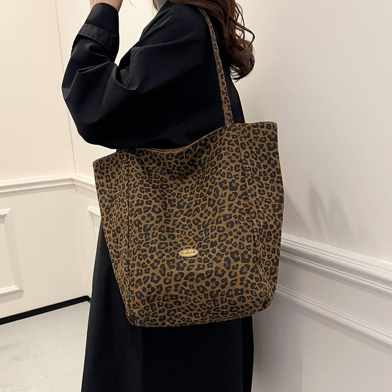 Leopard-Print Nylon Trendy Large-Capacity Shoulder Tote Bag