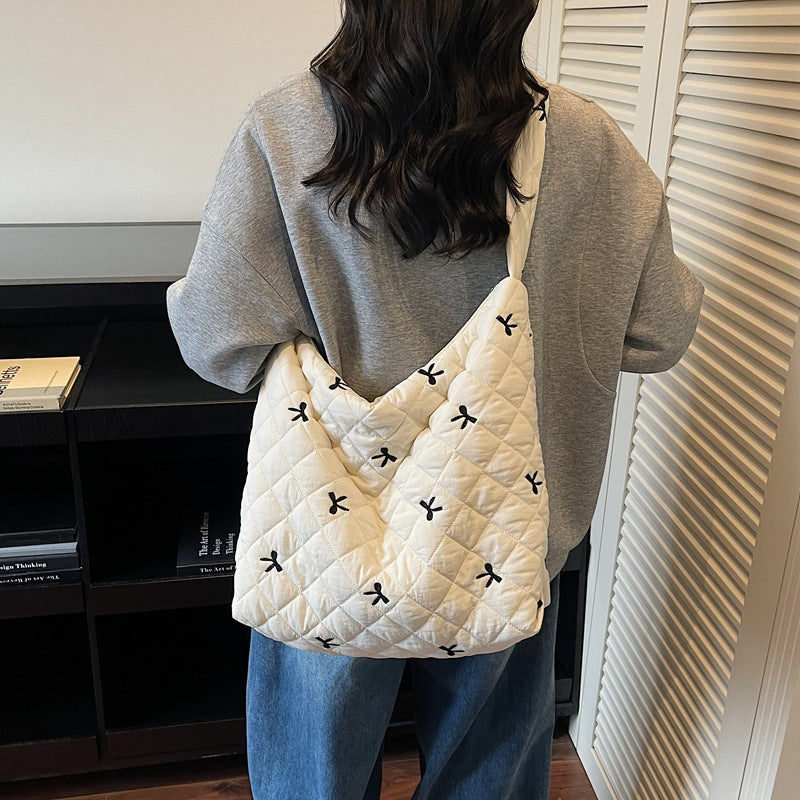 Quilted Embroidery Cotton-Padded Large-Capacity Commuter Tote Bag