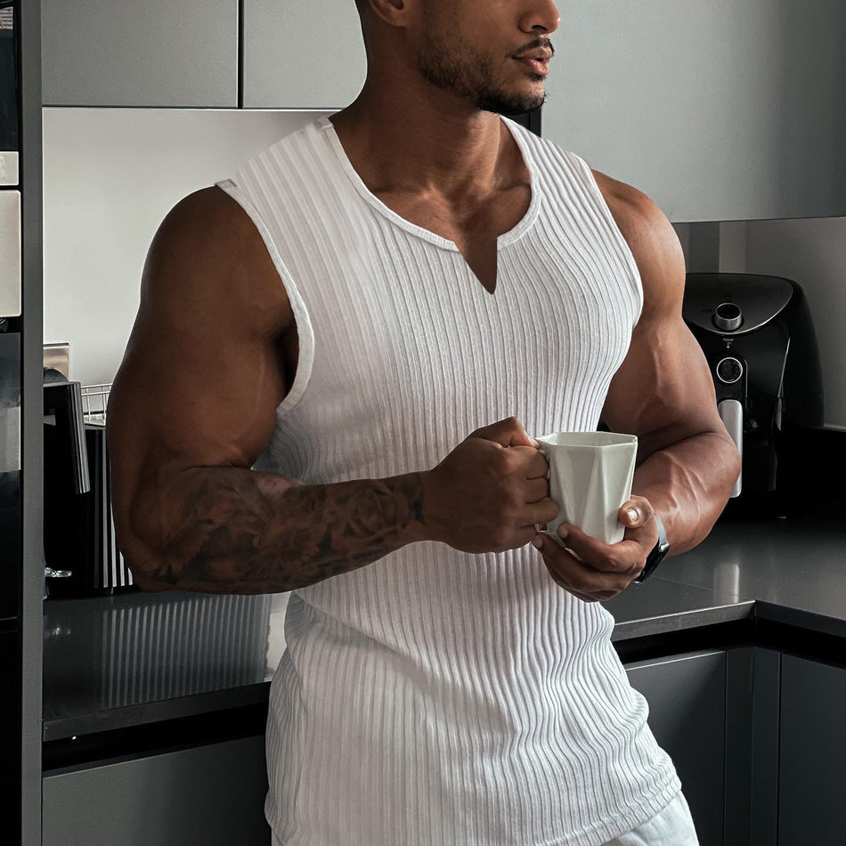 Men's V-Neck Fitness Tank Top Vertical Stripe Sleeveless Vest