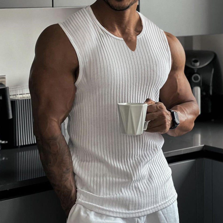 Men's V-Neck Fitness Tank Top Vertical Stripe Sleeveless Vest