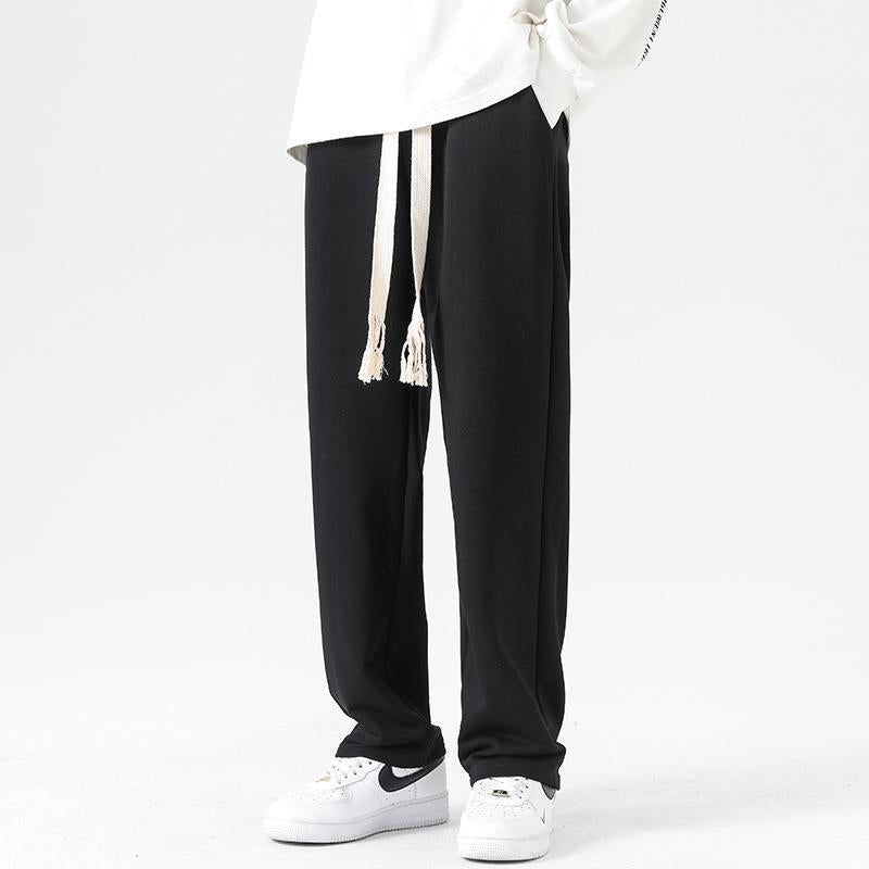 Men's black Wide Leg Cotton Fleece-Lined Casual Pants High Waist