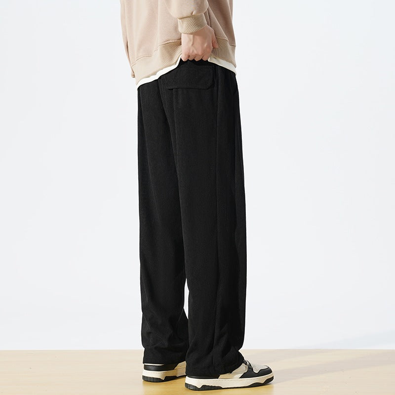 Men’s Loose Corduroy Straight Pants High Waist Winter Casual Trousers