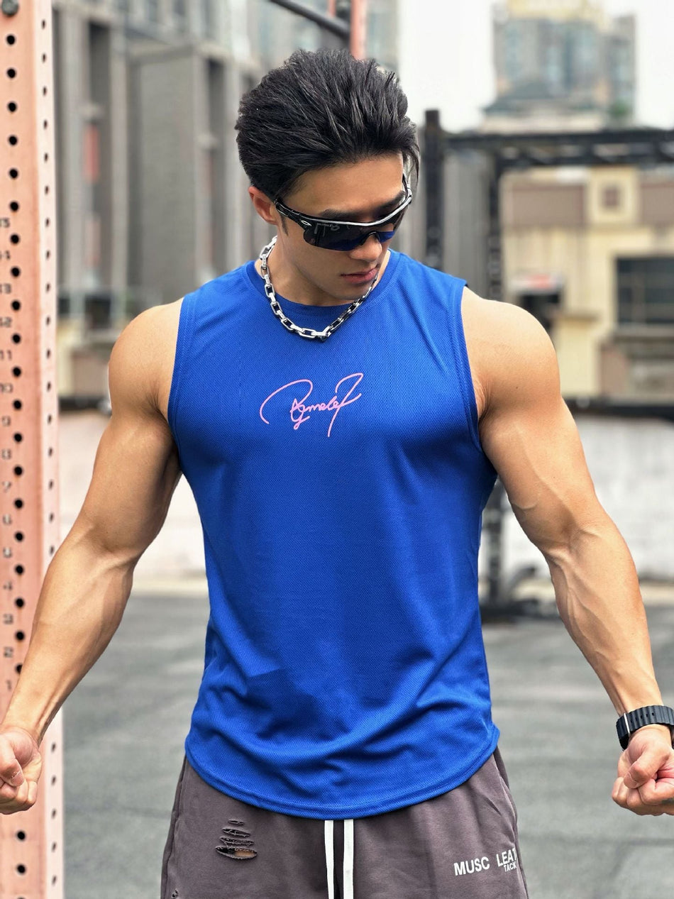 Men's Quick-Dry Mesh Sleeveless Fitness Tank with Crew Neck