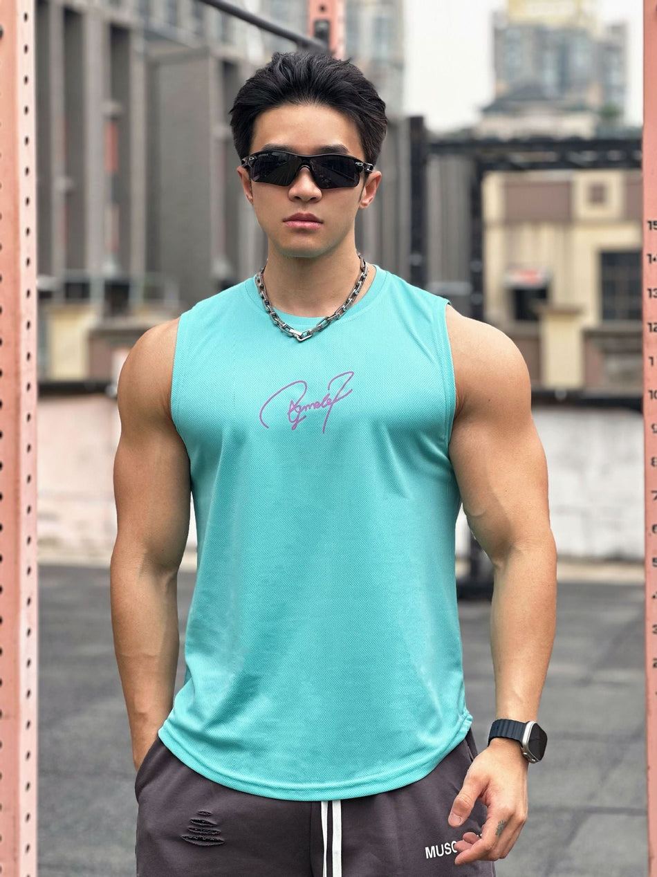 Men's Quick-Dry Mesh Sleeveless Fitness Tank with Crew Neck