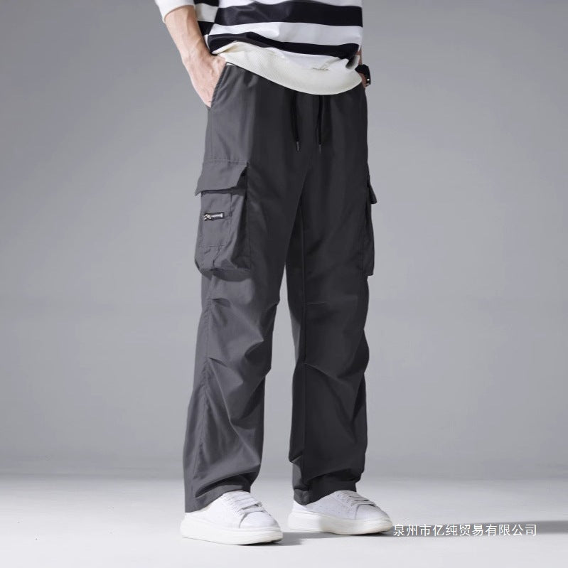 Men's black Multi Pocket Straight Leg Workwear Casual Pants Loose Fit