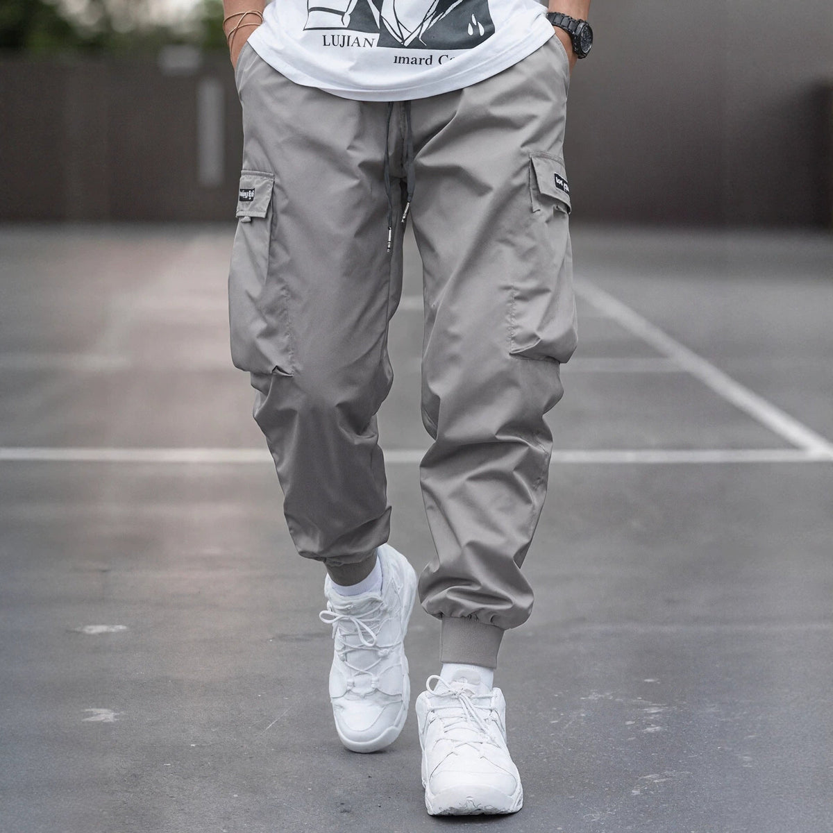 Men's gray Loose Fit Cargo Pants High Waist Straight Leg Trousers