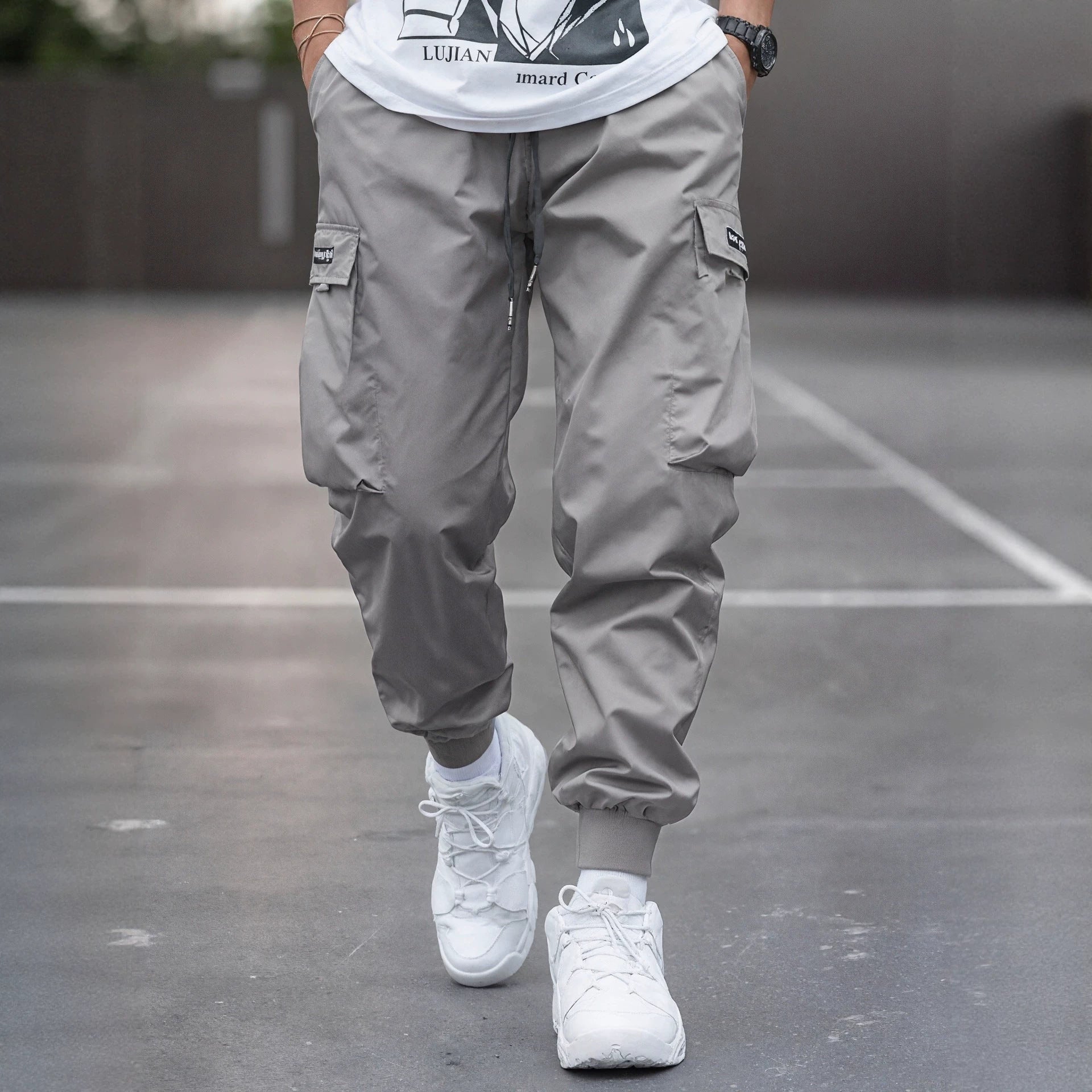 Men's gray Loose Fit Cargo Pants High Waist Straight Leg Trousers