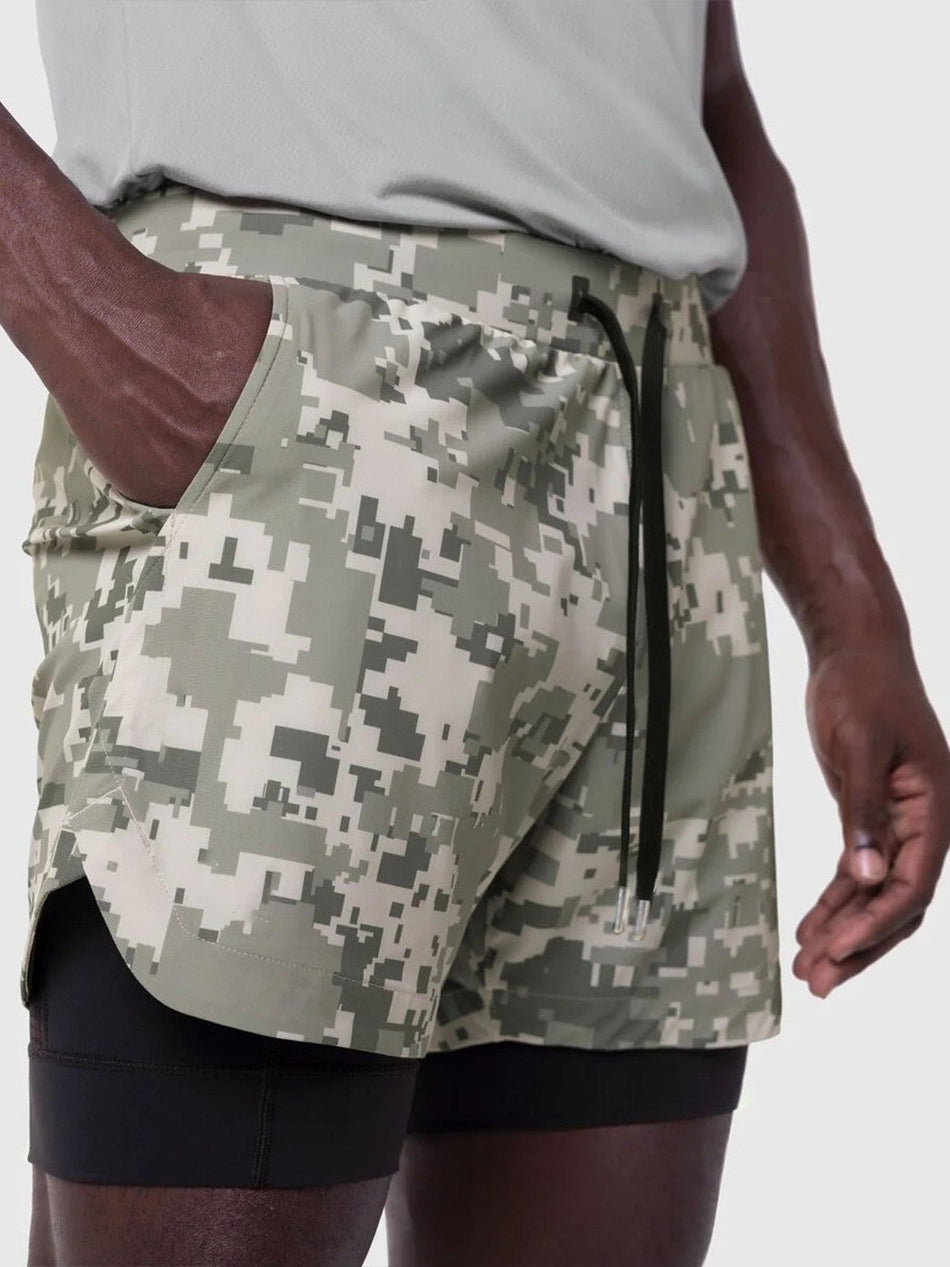 Men's Double-Layer Camo Fitness Shorts with Quick-Dry Liner