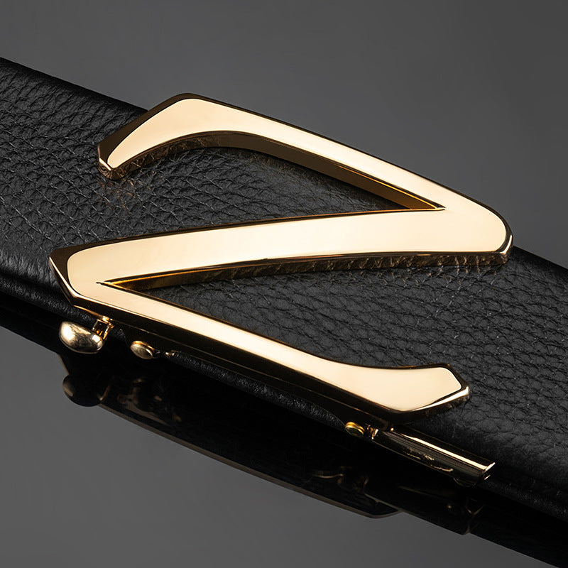 Men's black Genuine Leather Automatic Buckle Belt with Letter Design