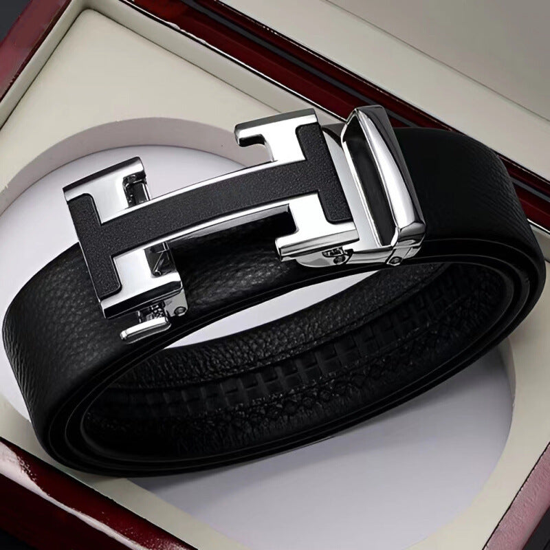 Men's Top-Grain Cowhide Automatic Buckle Belt with H Buckle